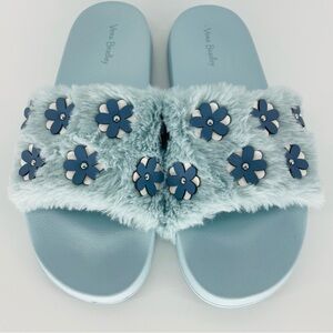 Vera Bradley Cozy Slides, Baby Blue Floral/Faux Fur, Women's Large 9/10